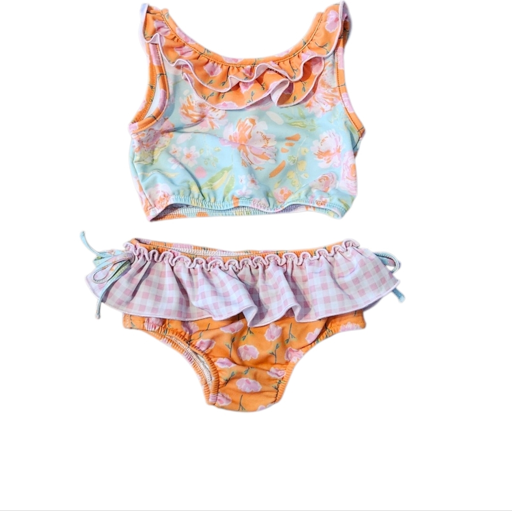 Swet HoneyGirls Two-Piece Floral Ruffle Swim Set - Mint & Peach Size 4T